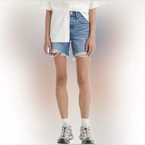 Levi's 501 Mid Thigh Shorts High Rise Distressed Raw Hem | Medium Wash